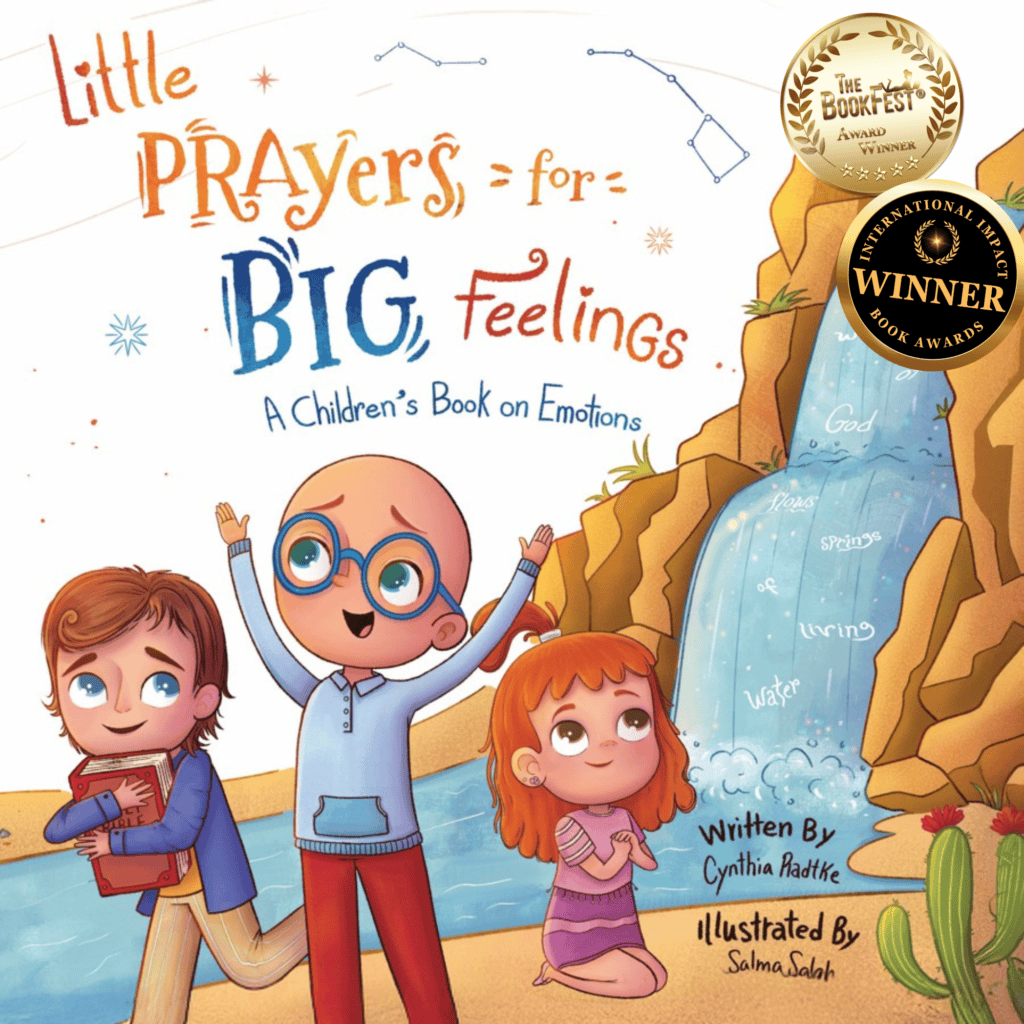 Cover illustration for "Little Prayers for Big Feelings," showcasing three children by a waterfall, highlighting emotions with a whimsical design.