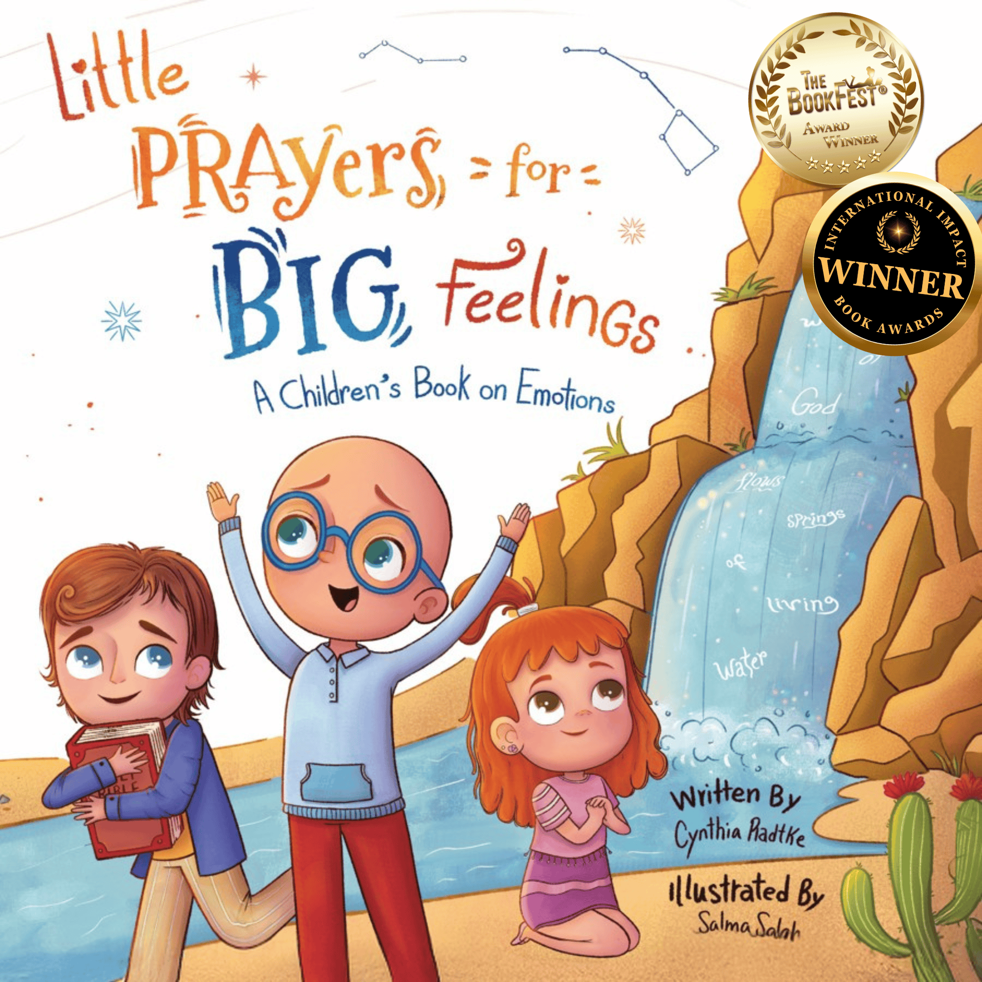 Cover illustration for "Little Prayers for Big Feelings," showcasing three children by a waterfall, highlighting emotions with a whimsical design.